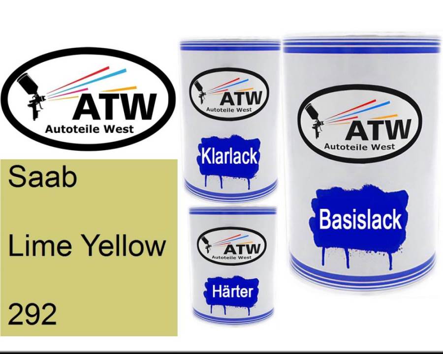 Saab, Lime Yellow, 292: 500ml Lackdose + 500ml Klarlack + 250ml Härter - Set, von ATW Autoteile West.